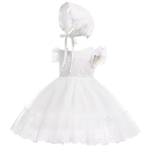 Leideur Baby Mädchen Weiß Taufkleid mit Haube Neugeborenen Taufe Kleid Spitzenkleid für Hochzeit Geburtstag (Weiß 3, 18M) von Leideur