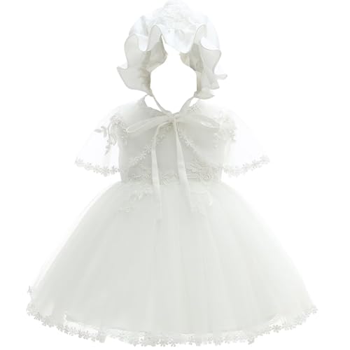 Leideur Baby Mädchen Weiß Taufkleid mit Haube Neugeborenen Taufe Kleid Spitzenkleid für Hochzeit Geburtstag (Weiß 4, 12M) von Leideur