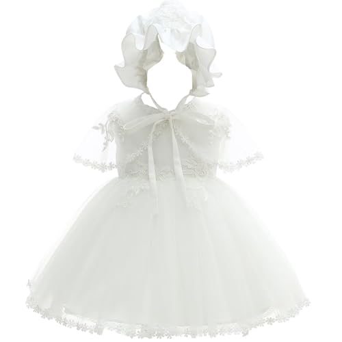 Leideur Baby Mädchen Weiß Taufkleid mit Haube Neugeborenen Taufe Kleid Spitzenkleid für Hochzeit Geburtstag (Weiß 4, 3M) von Leideur