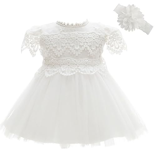 Leideur Baby Mädchen Weiß Taufkleid mit Haube Neugeborenen Taufe Kleid Spitzenkleid für Hochzeit Geburtstag (Weiß 5, 18M) von Leideur