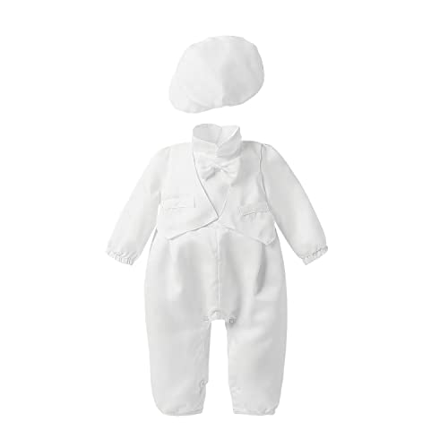 Leideur Taufe Outfits für Baby Jungen 2 Teile 1 Jahr Geburtstag Weiß Taufe Set mit Mütze (6 Monate, Weiß1) von Leideur