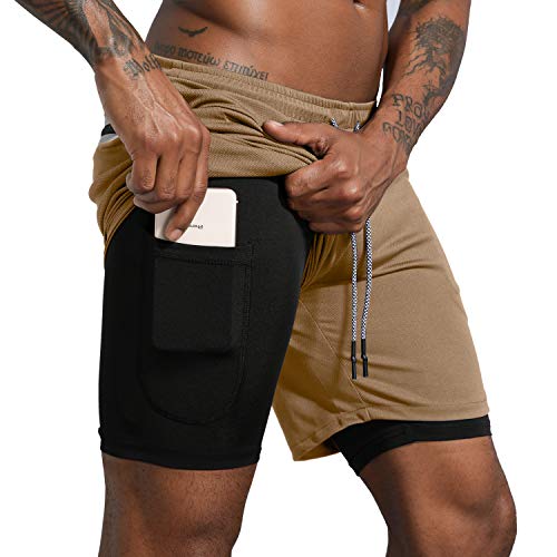 Leidowei Herren 2-in-1 Workout Laufshorts Leichte Training Yoga Gym 17,8 cm Short mit Reißverschlusstaschen, Khaki, Mittel von Leidowei