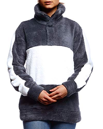 Leif Nelson Damen Sweatshirt Teddy Fleece Pullover mit Stehkragen Oberteile Pulli Langarmshirt für Frauen Übergangsjacke Hoodie LN02102D Größe M Anthrazit-Ecru von Leif Nelson