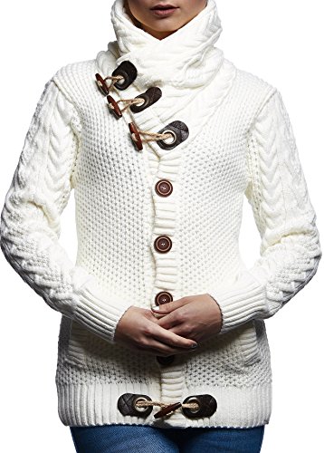 Leif Nelson Damen-Winter-Strickjacke mit Schalkragen - Slim Fit Cardigan Frauen Jacke mit Knöpfen L Weiss von Leif Nelson