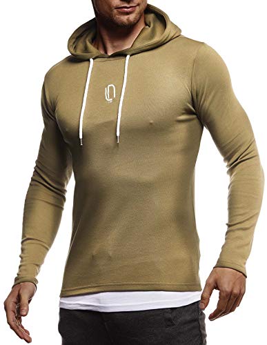 Leif Nelson Gym Herren Fitness Langarmshirt Kapuzenshirt Slim Fit Männer Fitness Trainingsshirt Hoodie T-Shirt Sportshirt Laufshirt Bekleidung für Bodybuilding Training LN8342 Khaki Small von Leif Nelson