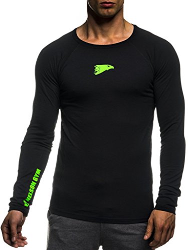 Leif Nelson Gym Herren Fitness Shirt Rundhals-Ausschnitt Slim Fit Langarm Männer Trainingsshirt Top Rundkragen Sport Sweatshirt - Hoodie für Bodybuilding Training 6283 Schwarz-Gruen X-Large von Leif Nelson