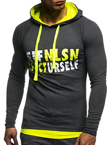 Leif Nelson Gym Herren Fitness Sweatshirt mit Kapuze Hoodie Langarm Trainingsshirt T-Shirt Training LN06278; Größe M, Anthrazit-Gelb von Leif Nelson