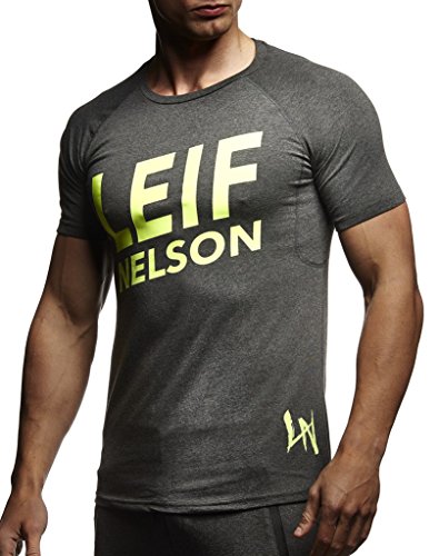 Leif Nelson Gym Herren Fitness T-Shirt Slim Fit Moderner Männer Bodybuilder Trainingsshirt Kurzarm Top Herren Sport T-Shirt - Bekleidung für Bodybuilding Training LN8043 Anthrazit-Gelb Large von Leif Nelson