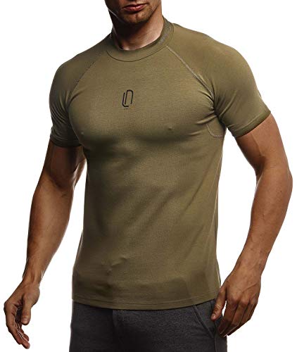 Leif Nelson Gym Herren Fitness T-Shirt Slim Fit Moderner Männer Bodybuilder Trainingsshirt Kurzarm Top Herren Sport T-Shirt - Bekleidung für Bodybuilding Training LN8286 Khaki-Schwarz X-Large von Leif Nelson