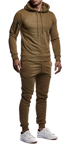 Leif Nelson Gym Herren Freizeitanzug Jogginganzug Männer lange Trainingsanzug - Jumpsuit Sportanzug Fitness Training Freizeit Kapuzenjacke Hoodie Jogginghose LN8021 Khaki Small von Leif Nelson