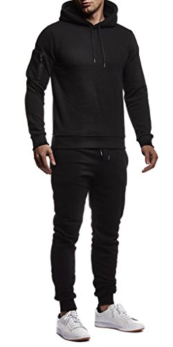 Leif Nelson Gym Herren Freizeitanzug Jogginganzug Männer Lange Trainingsanzug - Jumpsuit Sportanzug Fitness Training Freizeit Kapuzenjacke Hoodie Jogginghose LN8021 Schwarz Small von Leif Nelson