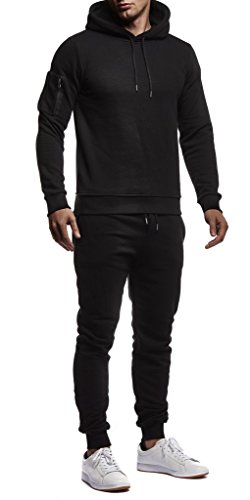 Leif Nelson Gym Herren Freizeitanzug Jogginganzug Männer lange Trainingsanzug - Jumpsuit Sportanzug Fitness Training Freizeit Kapuzenjacke Hoodie Jogginghose LN8021 Schwarz X-Large von Leif Nelson