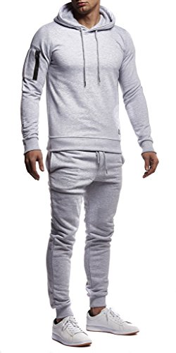 Leif Nelson Gym Herren Freizeitanzug Jogginganzug Männer lange Trainingsanzug - Jumpsuit Sportanzug Fitness Training Freizeit Kapuzenjacke Hoodie Jogginghose LN8021 Grau X-Large von Leif Nelson