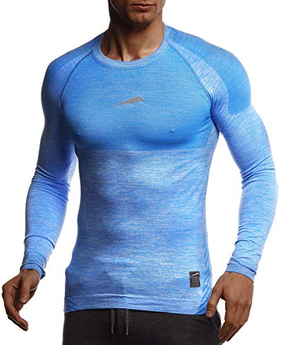 Leif Nelson Gym Herren Seamless Fitness Langarm-Shirt Funktionsshirt Slim Fit Männer Bodybuilder Trainingsshirt Sportshirt - Bekleidung für Bodybuilding Training LN8309 Blau-Reflekt XX-Large von Leif Nelson