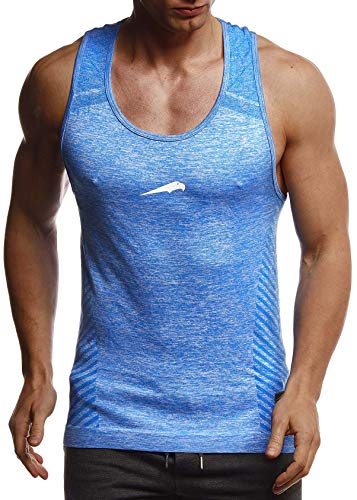 Leif Nelson Gym Herren Seamless Fitness Sport-Shirt ohne Ärmel Top Trainingsshirt Slim Fit Männer Bodybuilder Training Funktionsshirt Bekleidung für Bodybuilding LN8308 Blau-Weiss Large von Leif Nelson