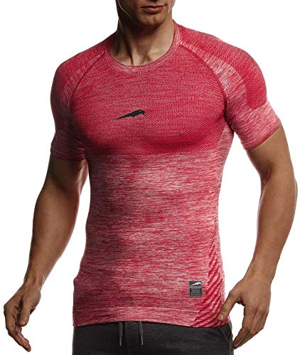 Leif Nelson Gym Herren Seamless Fitness T-Shirt Funktionsshirt Slim Fit Männer Bodybuilder Trainingsshirt kurzarm Sportshirt - Bekleidung für Bodybuilding Training LN8307 Rot-Schwarz Large von Leif Nelson