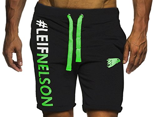 Leif Nelson Gym Herren Shorts Kurze Fitnesshose - Jogginghose Moderne Schwarze Männer Kurze Trainingshose Top Herren Sport-Hose für Bodybuilding Fitness 6296 Schwarz-Gruen X-Large von Leif Nelson