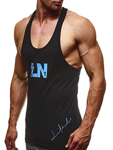 Leif Nelson Gym Herren Stringer T-Shirt Sport Fitness ohne Ärmel Männer Bodybuilder Trainingsshirt Top ärmellos Sportshirt - Bekleidung Bodybuilding Training LN6205N Schwarz-Hellblau Large von Leif Nelson