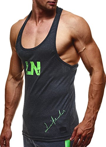 Leif Nelson Gym Herren Stringer T-Shirt für Sport Fitness ohne Ärmel Männer Bodybuilder Trainingsshirt Top ärmellos Sportshirt - Bekleidung Bodybuilding Training LN6205N Anthrazit-Grün X-Large von Leif Nelson