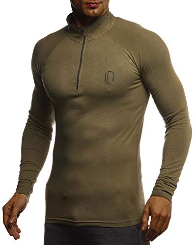 Leif Nelson Gym Jungen Fitness Shirt Trainingsshirt Slim Fit | Männer Bodybuilder Sportshirt Langarm | Jungen Sport T-Shirt Bekleidung für Bodybuilding Training | LN8282 Khaki-Schwarz X-Large von Leif Nelson