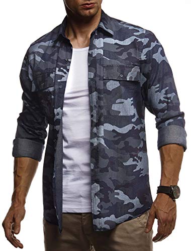 Leif Nelson Herren Hemd Freizeithemd T-Shirt Langarm 100% Baumwolle Männer Langarmshirt Oversize Jeanshemd Jungen Basic Shirt Kurzarmshirt Camouflage Sommerhemd LN3850 Blau Small von Leif Nelson