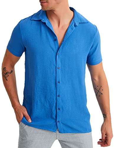 Leif Nelson Herren Hemd Kurzarm Sommer Freizeithemd Leinen Hemd Optik T-Shirt Männer Leinenhemd Kurzarmhemd Jungen Basic Shirt Freizeit Sweater Sommerhemd LN3861 Blau Größe S von Leif Nelson