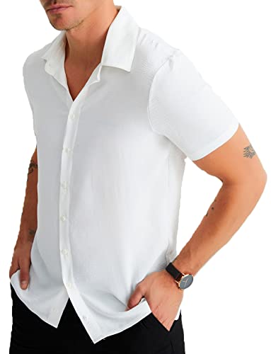 Leif Nelson Herren Hemd Kurzarm Sommer Freizeithemd Leinen Hemd Optik T-Shirt Männer Leinenhemd Kurzarmhemd Jungen Basic Shirt Freizeit Sweater Sommerhemd LN3861 Weiss Größe XXL von Leif Nelson