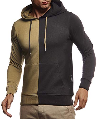 Leif Nelson Herren Hoodie Pullover für Männer mit Kapuze Pulli Kapuzenpullover Slim Fit Longsleeve Sweatshirt Langarm LN8337 XL Schwarz-Khaki von Leif Nelson