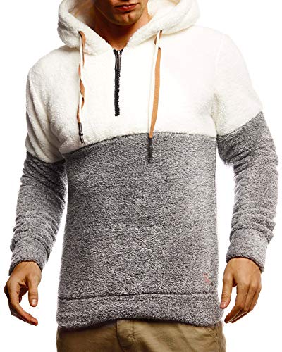 Leif Nelson Herren Hoodie Teddy Fleece Pullover mit Kapuze Kapuzenpullover für Männer Pulli Longsleeve Sweatshirt LN20100 Größe L Ecru-Anthrazit von Leif Nelson