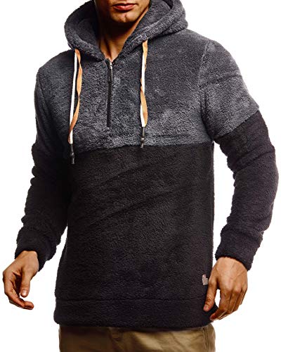 Leif Nelson Herren Hoodie Teddy Fleece Pullover mit Kapuze Kapuzenpullover für Männer Pulli Longsleeve Sweatshirt LN20100 Größe XXL Anthrazit-Schwarz von Leif Nelson