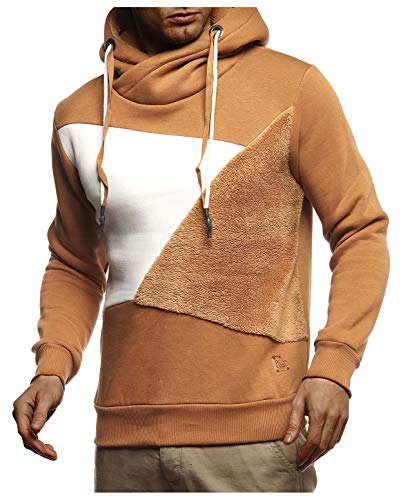 Leif Nelson Herren Hoodie Teddy Fleece Pullover mit Kapuze Kapuzenpullover für Männer Pulli Longsleeve Sweatshirt Langarm Slim Fit LN8285 Größe S Camel von Leif Nelson