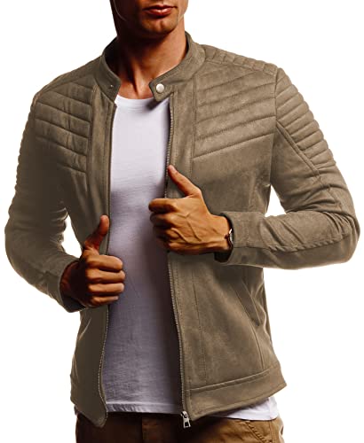 Leif Nelson Herren Jacke Kunst-Lederjacke Freizeitjacke für Männer Bikerjacke Gesteppte Übergangsjacke Sommerjacke Samtjacke Stehkragen LN315 Größe XXL Khaki von Leif Nelson