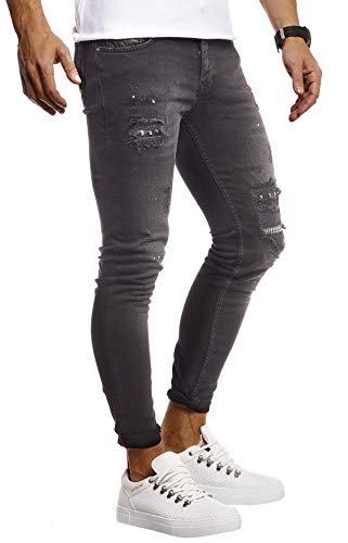 Leif Nelson Herren Jeans Hose Stretch Slim Fit Denim Blaue Lange Jeanshose für Männer Coole Jungen weiße Freizeithose Schwarze mit Nieten Cargo Chino Sommer Winter Basic LN9425 Schwarz W31L32 von Leif Nelson
