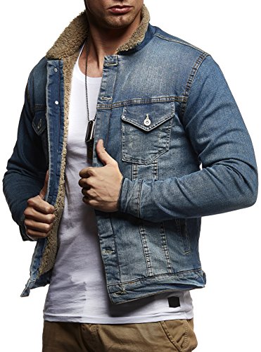 Leif Nelson Herren Jeansjacke Basic Stretch Jeans Jacke Fell Stehkragen Übergangsjacke Hoodie Freizeitjacke LN9610; Größe M, Dunkel Blau von Leif Nelson