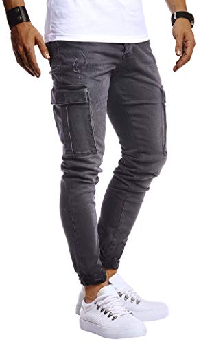 Leif Nelson Herren Jogger Jeans Cargo Hose Stretch Slim-Fit Basic Denim Blaue Lange Jogg Jeanshose für Männer Jungen Freizeithose Schwarze Chino Cargohose LN-9445 Schwarz W33L30 von Leif Nelson