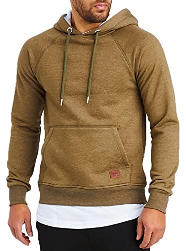 Leif Nelson Herren Kapuzenpullover Slim Fit Baumwolle-Anteil Moderner Hoodie-Sweatshirt-Pulli Langarm Männer schwarzer Pullover-Shirt mit Kapuze LN8153 Khaki Melange Large von Leif Nelson