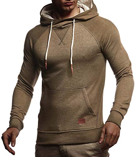 Leif Nelson Herren Kapuzenpullover Slim Fit Baumwolle-Anteil Moderner weißer Herren Hoodie-Sweatshirt-Pulli Langarm Herren schwarzer Pullover-Shirt mit Kapuze LN8125 Khaki Melange Medium von Leif Nelson