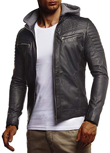Leif Nelson Herren Kunst-Lederjacke schwarz Kapuze Slim Fit Übergangsjacke Sommer Winter Männer Freizeitjacke kurze Biker-Jacke Freizeit gesteppt Jungen Kapuzen-Hoodie LN4062 Schwarz Medium von Leif Nelson
