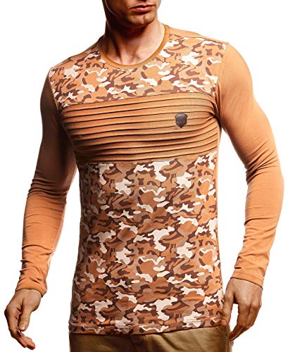 Leif Nelson Herren Langarmshirt Basic Pullover Rundhals-Ausschnitt Slim Fit Longsleeve Rundkragen Männer Pulli Sweatshirt Langarm Crew Neck LN55130 Größe M Camel von Leif Nelson