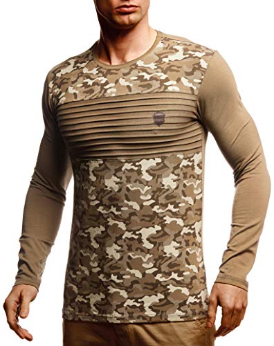 Leif Nelson Herren Langarmshirt Basic Pullover Rundhals-Ausschnitt Slim Fit Longsleeve Rundkragen Männer Pulli Sweatshirt Langarm Crew Neck LN55130 Größe XL Khaki von Leif Nelson