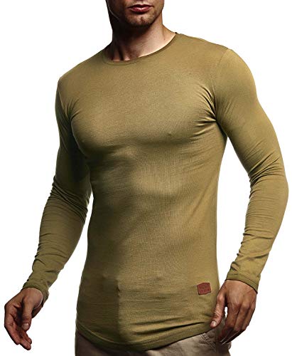 Leif Nelson Herren Langarmshirt Basic Pullover Rundhals-Ausschnitt Slim Fit Longsleeve Rundkragen Männer Pulli Sweatshirt Langarm Crew Neck LN8394; Größe L, Khaki von Leif Nelson