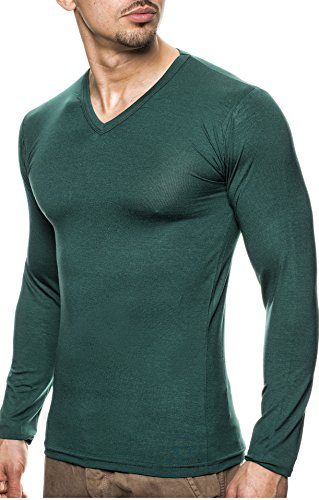 Leif Nelson Herren Langarmshirt Basic Pullover V-Ausschnitt Slim Fit Baumwolle Männer Pulli dünner Sweatshirt V-Kragen Shirt Langarm Longsleeve V-Neck LNWI2N Grün Large von Leif Nelson