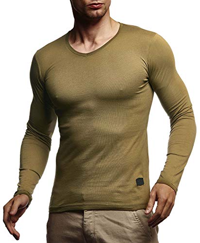 Leif Nelson Herren Langarmshirt Basic Pullover V-Ausschnitt Slim Fit Männer Pulli Sweatshirt V-Kragen Shirt Langarm Longsleeve V-Neck LN8372; Größe S, Khaki von Leif Nelson