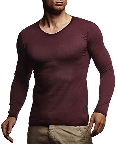 Leif Nelson Herren Langarmshirt Basic Pullover V-Ausschnitt Slim Fit Männer Pulli Sweatshirt V-Kragen Shirt Langarm Longsleeve V-Neck LN8372; Größe XXL, Bodeaux von Leif Nelson