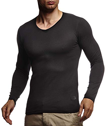 Leif Nelson Herren Langarmshirt Basic Pullover V-Ausschnitt Slim Fit Männer Pulli Sweatshirt V-Kragen Shirt Langarm Longsleeve V-Neck LN8372; Größe XXL, Schwarz von Leif Nelson