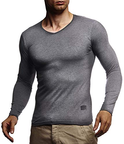 Leif Nelson Herren Langarmshirt Basic Pullover V-Ausschnitt Slim Fit Männer Pulli dünner Sweatshirt V-Kragen Shirt Langarm Longsleeve V-Neck LNWI2 Anthrazit Small von Leif Nelson