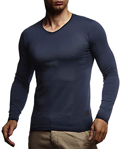 Leif Nelson Herren Langarmshirt Basic Pullover V-Ausschnitt Slim Fit Männer Pulli dünner Sweatshirt V-Kragen Shirt Langarm Longsleeve V-Neck LNWI2 Dunkel Blau Small von Leif Nelson