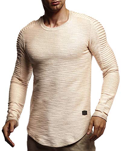 Leif Nelson Herren Langarmshirt Pullover Rundhals-Ausschnitt Slim Fit Männer Pulli Sweatshirt Langarm Crew Neck Hoodie-T-Shirt Langarm in schwarz LN6326; Größe XXL, Beige von Leif Nelson