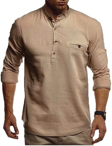 Leif Nelson Herren Leinenhemd Hemd Leinen Kurzarm T-Shirt Oversize Stehkragen Männer Freizeithemd Sommerhemd Regular Fit Jungen Basic Shirt Kurzarmshirt Freizeit Sweater LN3865 Camel Large von Leif Nelson