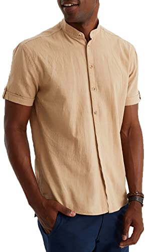 Leif Nelson Leinenhemd Herren Sommer Kurzarm Beige/Henley Hemd für Freizeit und Business/Gemischt aus Leinen und Baumwolle/Regular Fit Größe L von Leif Nelson